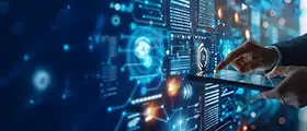 Professional managing digital dashboards and cybersecurity data interfaces on a tablet.