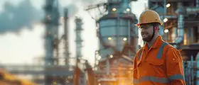 A professional chemical engineer wearing safety gear standing in front of an industrial plant, representing chemical engineering for non-specialists.