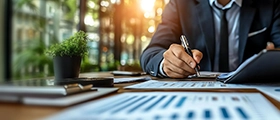 Professional businessperson in formal attire writing on documents at a desk, with financial charts, a tablet, and office setting in the background.