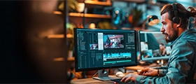A professional video editor working on a desktop computer with advanced editing software, adjusting footage and timelines in a creative studio environment.