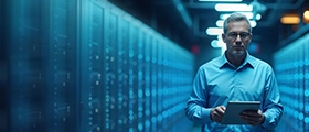 A professional IT engineer standing in a data center aisle holding a tablet, surrounded by server racks, representing enterprise networking, infrastructure management, and cybersecurity operations.