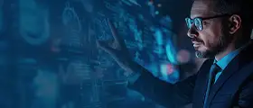 Professional cybersecurity expert interacting with a futuristic digital interface displaying data analytics, network security, and cyber technology visuals on a blue-toned screen.