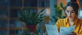Woman analyzing financial documents at a desk in a modern office.