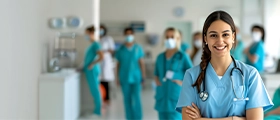 Professional Certified Nursing Assistant (CNA) smiling in hospital scrubs with a stethoscope, standing confidently in a clinical setting with medical staff in the background.