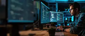 Professional IT specialist working on multiple monitors with code displayed, representing CompTIA Linux+ system administration and troubleshooting.