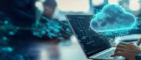 Professional CompTIA Cloud+ certification training – a person working on a laptop with a digital cloud icon symbolizing cloud computing and virtualization skills.