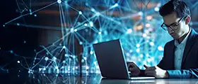 CompTIA Cybersecurity Analyst professional working on laptop with digital network connections in background.