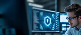 Cybersecurity professional analyzing code and security interface on dual monitors, with a digital shield icon displayed, in a modern, high-tech workspace.