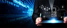 A professional cybersecurity concept image showing a business professional holding a digital tablet with a glowing padlock and security icons, representing data protection, network security, and advanced cyber defense technologies.