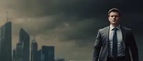 Confident professional standing tall in business suit with city skyline in background.