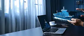 A professional Docker container orchestration concept displayed as a holographic cargo ship above a laptop.
