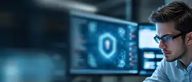 Certified Penetration Testing Professional (CPENT) working on a computer with cybersecurity software displayed on dual monitors, showing a digital shield icon for data protection.
