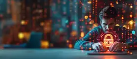A professional cybersecurity expert working on a laptop, surrounded by glowing digital security icons and a holographic padlock symbol representing data protection.