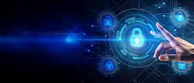 Hand touching a digital lock icon representing cybersecurity and data protection.