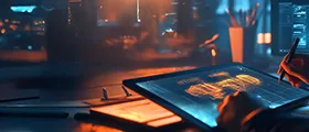 A professional using D5 Render software on a digital tablet to create high-quality 3D architectural visualizations in a modern, dimly lit design studio, showcasing realistic lighting and rendering tools.