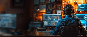 A professional DaVinci Resolve editor working at a multi-monitor workstation, editing video footage in a modern post-production studio with advanced color grading, visual effects, and cinematic editing tools displayed on screens.