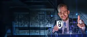 A professional Defensive Security professional interacting with a virtual cybersecurity dashboard featuring shield, lock, and network protection icons, symbolizing threat prevention, system security, and proactive cyber defense in a modern digital environment.