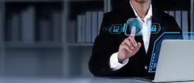 A professional digital forensic essentials course visual showing a cybersecurity professional analyzing digital evidence on a laptop with holographic data icons and secure investigation interface.