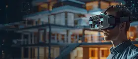 A professional using a VR headset to explore a 3D architectural model of a modern building, demonstrating immersive design visualization with Enscape rendering technology in a virtual environment. 