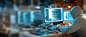 Cybersecurity professional coding on multiple screens for ethical hacking and network security