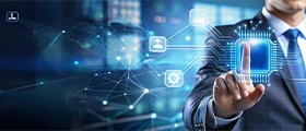 Professional using a digital cybersecurity interface with a shield icon representing F5 BIG-IP security.