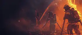 Professional firefighters battling intense flames with hoses, representing fire safety and firefighting training.