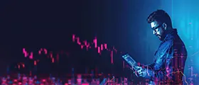 Professional forex trader analyzing stock market trends on a tablet with digital financial charts and data visualization background