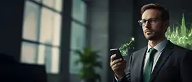 A professional forex trading expert in a suit analyzing market data on his smartphone, with green digital currency charts and upward-trending graphs displayed beside him in a modern office setting.