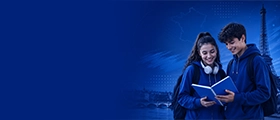 Professional French language training banner featuring two students studying together, symbolising practical communication skills, language learning, and cultural exchange.