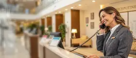 A professional Front Office Executive illustration showing a hotel receptionist speaking on the phone at a modern reception desk, representing customer service, hospitality management, and front office operations.