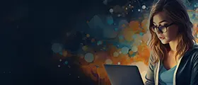 A professional young woman wearing glasses focused on working on a laptop, with a vibrant abstract digital background symbolising creativity and design learning.