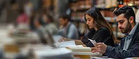 Students preparing for the GRE exam in a library, focused on studying with books and practice materials in a quiet academic environment.