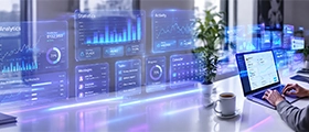 Business management professional analyzing digital dashboards and performance analytics on a laptop.