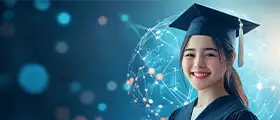 HND Information Technology student wearing graduation cap with digital technology background.