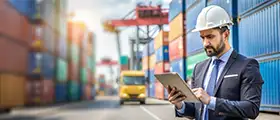 A professional import and export operations manager reviewing logistics data on a tablet at a shipping port with cargo containers in the background.