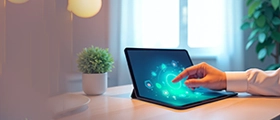Business professional using the Microsoft 365 platform on a tablet for cloud-based productivity and collaboration.