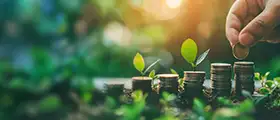 Professional hand placing a young plant on stacked coins, symbolizing sustainable investing, green finance, and long-term financial growth