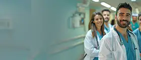 Group of smiling healthcare professionals in scrubs and lab coats standing in a hospital hallway, representing IP DRG course training.
