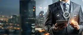 Cybersecurity professional using a tablet with digital risk management and compliance icons in a modern city background.