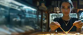 A professional jewellery designer showcasing a gold necklace inside a well-lit jewellery store.