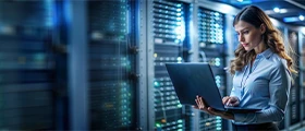 A professional IT engineer working on a laptop inside a data centre, surrounded by server racks and network equipment, monitoring systems and managing network operations.
