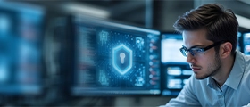 A professional cybersecurity analyst working on multiple monitors displaying digital security systems, encryption interfaces, and network protection dashboards in a high-tech environment.