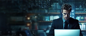 A focused cybersecurity professional working on a laptop with digital data and network visuals in the background, representing advanced security and threat monitoring.