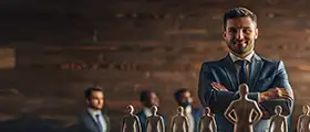 Professional leadership skills training concept showing a confident businessman in a suit standing with arms crossed in front of cutout team figures, symbolizing strong leadership and team management.