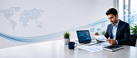 Business professional analyzing financial charts and data at a desk in a modern office.