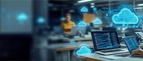 A professional Microsoft 365 administration course showcasing cloud computing, data management, and enterprise collaboration tools in a modern office environment
