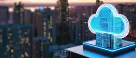 A professional cloud computing concept featuring a digital cloud icon above a city skyline, representing Microsoft Azure data fundamentals and cloud technology