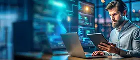 A professional Microsoft Azure Developer Associate working on a laptop and tablet, analyzing cloud applications and code with digital screens displaying Azure development tools in the background.