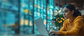 Professional woman analyzing digital data dashboards on a laptop in a modern workspace