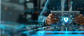 Professional Microsoft Security, Compliance, and Identity Fundamentals training illustration featuring a cybersecurity professional using a digital tablet with a virtual security shield, cloud protection, and identity management interface.